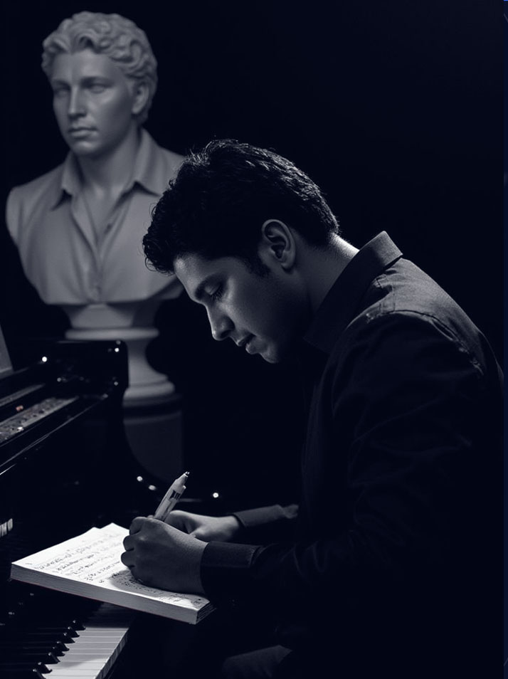 Mariyan Pascal composing at the piano